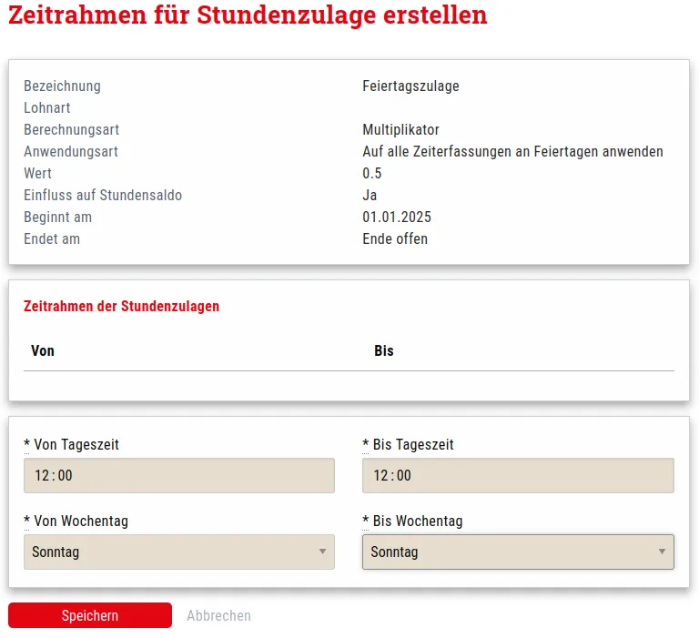 Feiertagszulage, Zeitrahmen