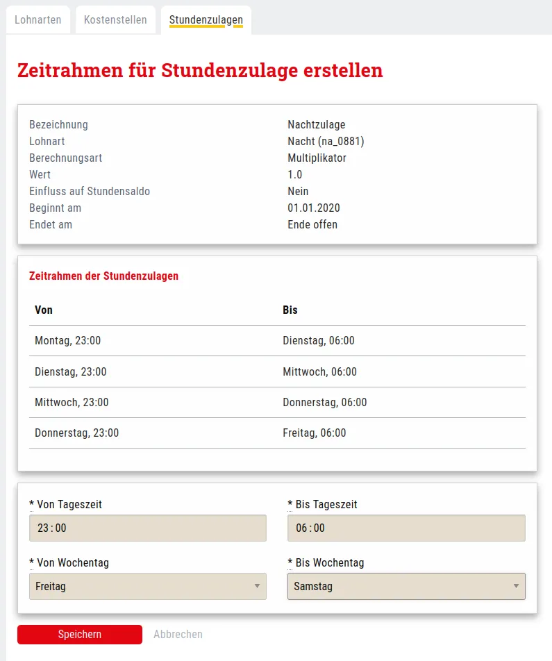 Nachtzulage, Zeitrahmen