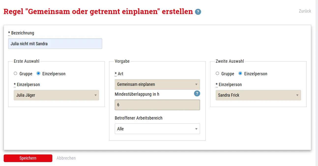 Mitarbeitender A immer mit Mitarbeitendem B einplanen