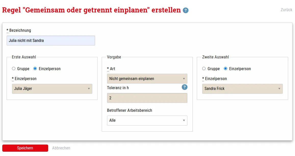 Mitarbeitender A nie mit Mitarbeitendem B einplanen